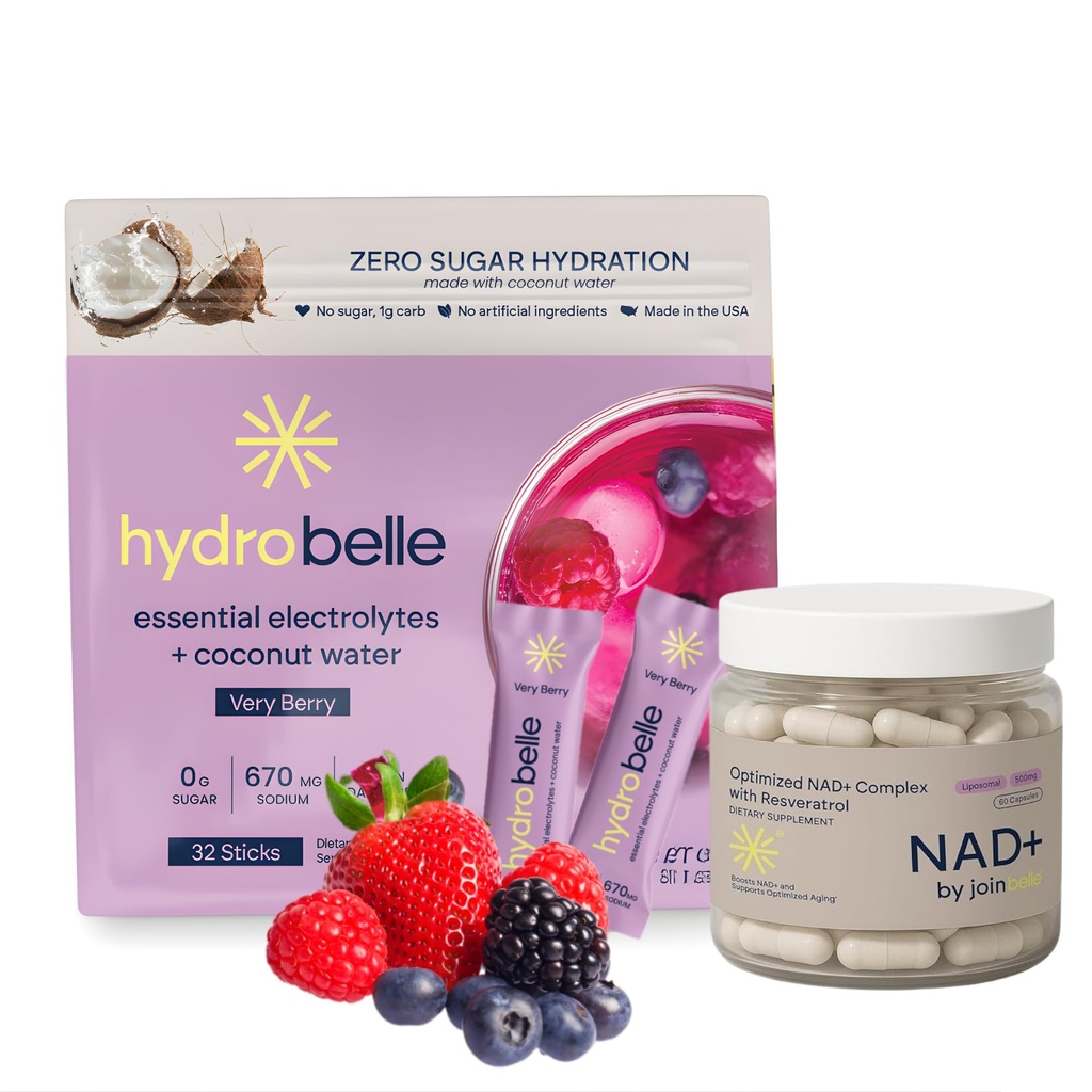 HydroBelle Electrolyte Powder Drink Mix, Very Berry, Sugar Free Hydration Packets with Coconut Water, Vegan, Keto, Dairy Free, 32 Count NAD+ and Resveratrol Liposomal Blend, Dail