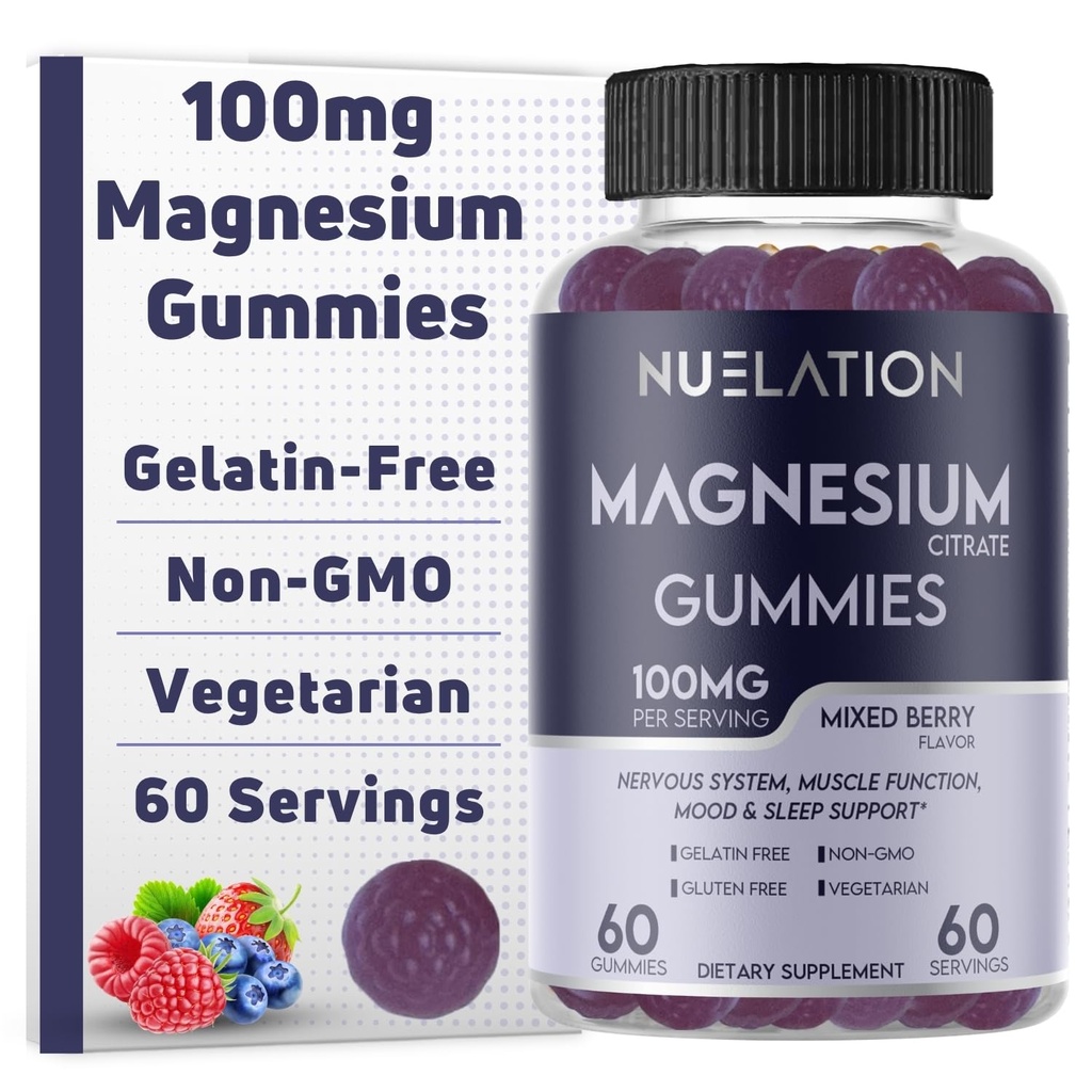 Magnesium Citrate Gummies 100mg for Adults - 60 Servings - Calm Magnesium Gummies for Sleep, Mood & Nervous System Support - Mixed Berry Flavor - Vegetarian, Gelatin Free, Gluten Free, Non-GMO