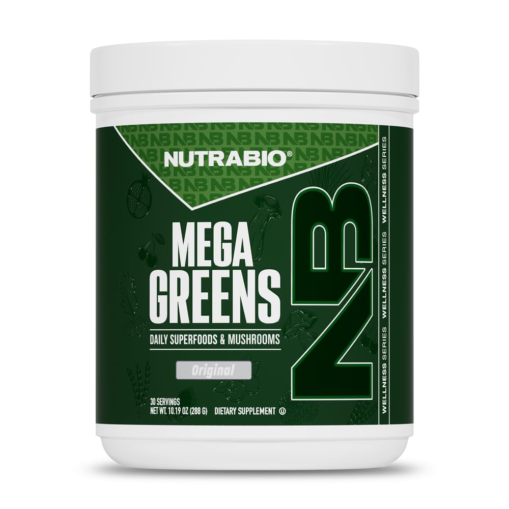 NutraBio Mega Greens Complete Daily Super Greens Powder, Original | Superfood with Alkalizing, Energy and Metabolic Support, Digestive Enzymes, Adaptogenic Mushrooms, Immune Defense