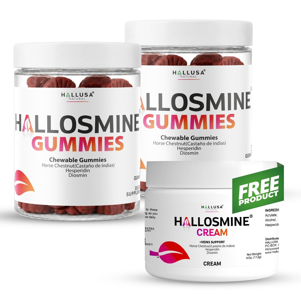 Hallusa Natural Hallosmine Gummies Circulation & Vein Support 60 Gummies + Free Leg Cream 4oz | Chewable Gummies with Diosmin, Horse Chesnut, Hesperidin, Beet Root & Gotu Kola, 60 Servings