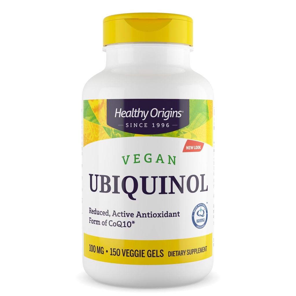 Origines saines Ubiquinol végétalien (forme active de CoQ10), 100 mg - Suppléments Ubiquinol Kaneka pour la santé cardiaque et le soutien antioxydant - Supplément sans gluten et sans OGM - 150 Gels de légumes