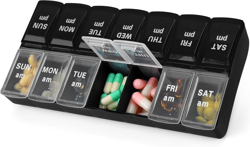 7 jours par semaine AM PM Pill Organizer, 2 fois par jour Pill Case Box pour pilules suppléments de vitamine Médicaments (Black+White, 2 fois)