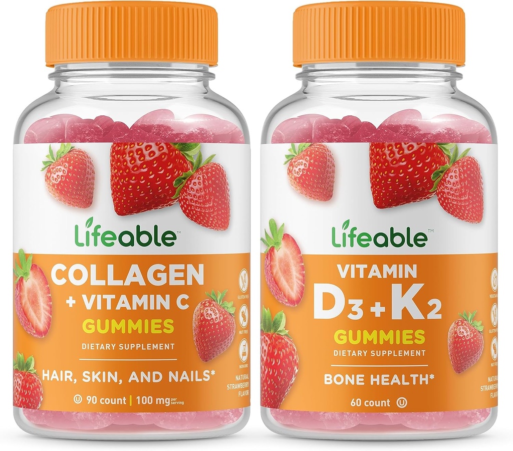 Collagène et vitamine C viables + Vitamine D3 + Vitamine K2, Gommies - Grande dégustation, supplément de vitamine, sans gluten, sans OGM, gommy à croquer