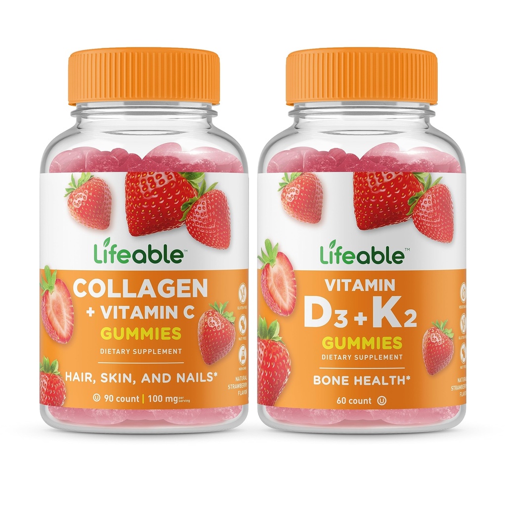 Collagène et vitamine C viables + Vitamine D3 + Vitamine K2, Gommies - Grande dégustation, supplément de vitamine, sans gluten, sans OGM, gommy à croquer