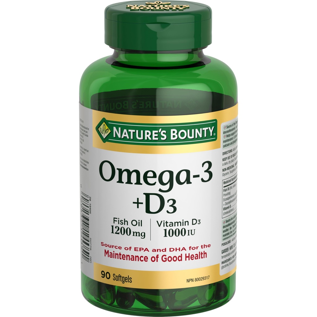 Bounty Omega-3 + D3 Huile de poisson 1200mg / Vitamine D3 1000IU 90 softgels