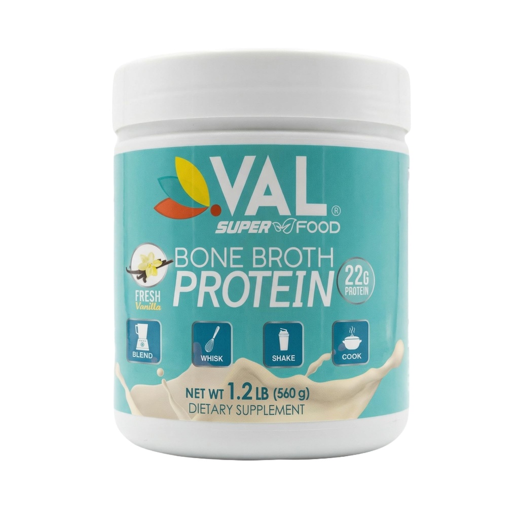 Poudre de protéines VAL Bone Broth – 22g Protéines, 12g Collagène, MCT & Pea Protéines – Gout, Peau et Soutien articulaire – Paléo Friendly, sans gluten – Arôme de poulet, 16 portions