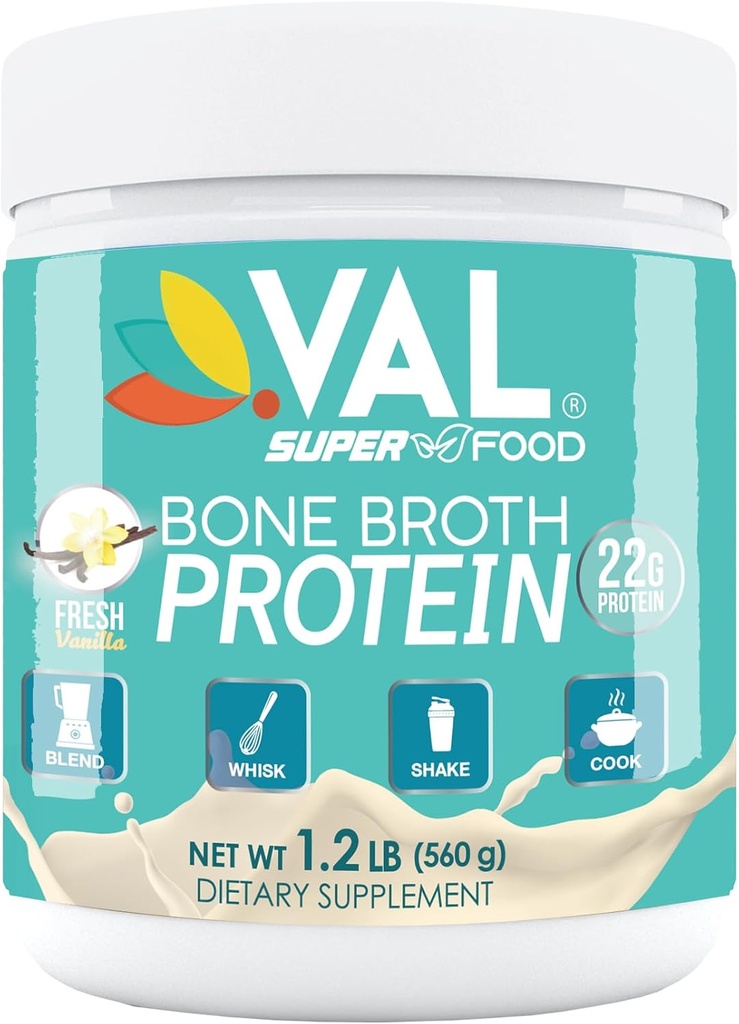 Poudre de protéines VAL Bone Broth – 22g Protéines, 12g Collagène, MCT & Pea Protéines – Gout, Peau et Soutien articulaire – Paléo Friendly, sans gluten – Arôme de poulet, 16 portions