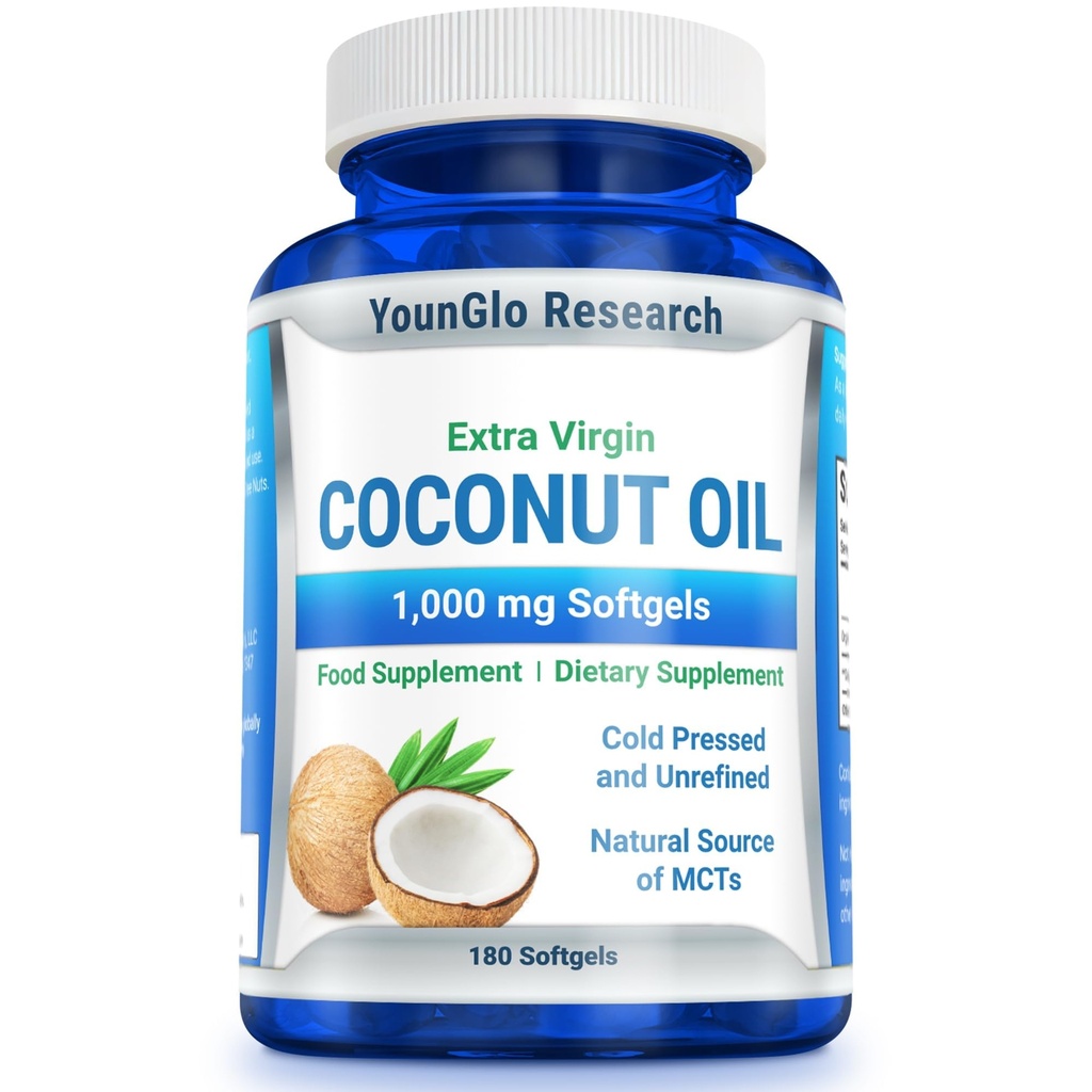 Coconut Oil 1000 mg 100% Cold-Pressed Organic Extra Virgin Coconut Oil 180 Vegan Softgel Capsules Keto-Friendly Dietary Supplement Support for Hair, Nails & Skin Health
