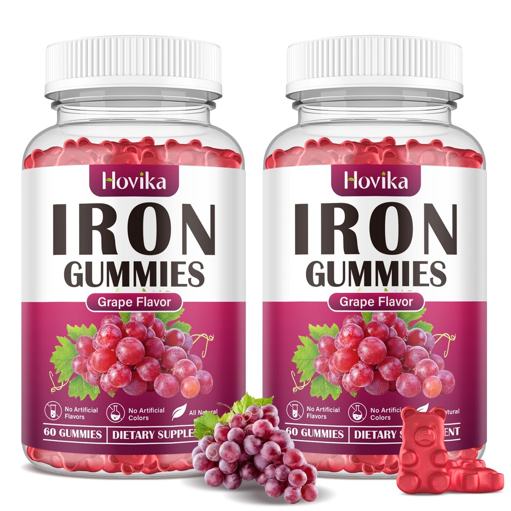 (2 Pack) Supplément de gommies de fer pour les femmes et les hommes, Suppléments de fer pour l'anémie avec vitamine C, B12, Folate-Blood Builder & Energy Support for Iron Deficiency - Grape Flavor, Vegan, 120 gommies