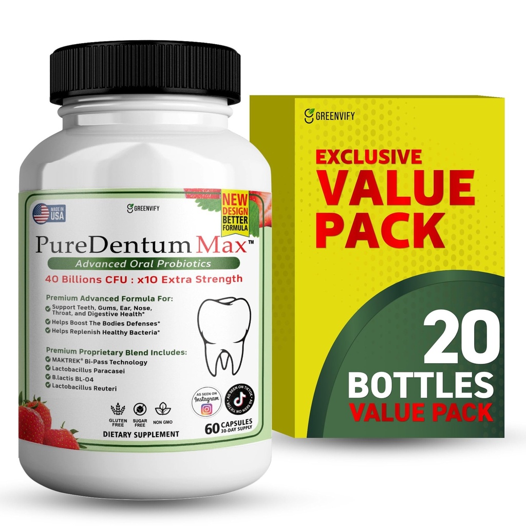 Puredentum Max for Gums and Teeth Health & Fresh Breath - 40 Billion CFU Advanced Oral Probiotics for Mouth Bad Breath, Capsule Supplement (20)