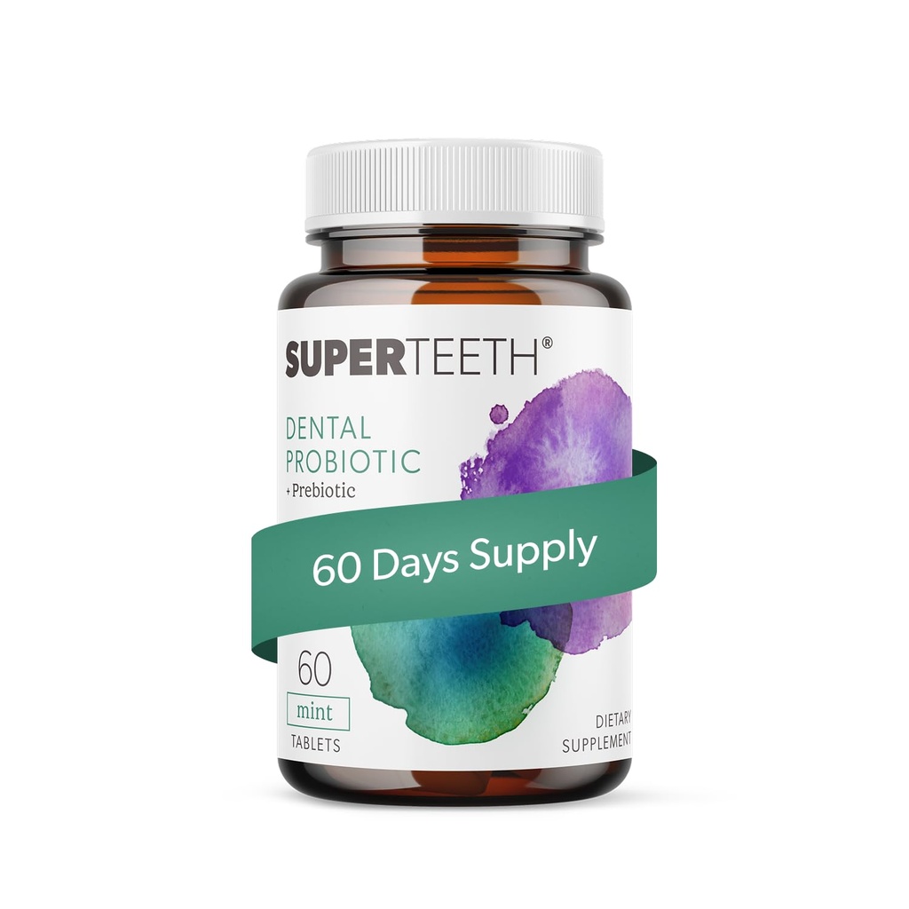 SuperTeeth Oral Probiotics for Mouth Bad Breath & Cavities, Oral Defense Dental Probiotic to Support Healthy Teeth & Gums, Lactobacillus Reuteri Chewable for Kids & Adults, 60 Mint Tablets