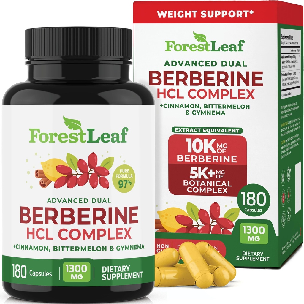 ForestLeaf Berberine Supplement - 1300mg per Serving - Ultra High Potency Berberine HCl with Ceylon Cinnamon, Bitter Melon & Gymnema - GLP-1 Weight Management Support - 180 Caps