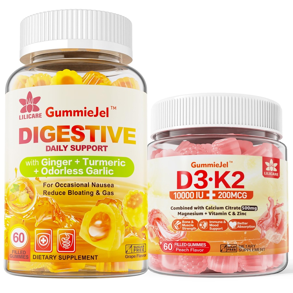 Vitamine D3 K2 Gommies remplies 5000UI / 10 000 UI avec 500mg de calcium, Citrate de magnésium, supplément de vitamine C et de gingembre Gommies pour nausées, soulagement de l'estomac