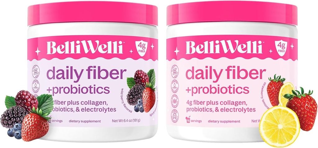 Belli Welli Daily Fiber Supplement Bundle with Collagen, Probiotics & Electrolytes – Lémonade aux fraises et saveurs de baies sauvages – Soutient la digestion, l'équilibre git et le ballonnement – 32 portions