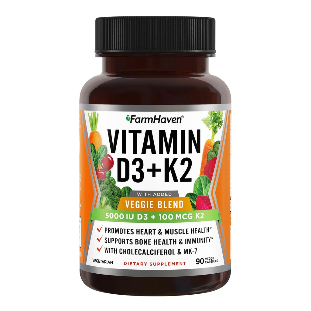 FarmHaven Vitamine D3 K2 Capsules - 5000 UI D3 et 100 mcg K2 - Cholecalciferol MK7 avec mélange de fruits végétariens - Supplément Vitamine D K2 pour système immunitaire et santé cardiaque - Végétarien, non-OGM, 90 capsules