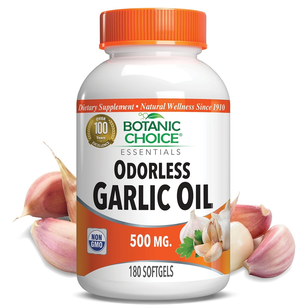 Choix botanique Huile d'ail sans odorat Softgels - Supplément de soutien anti-cholestérol et immunitaire pour adultes - Sans gluten Non-OGM - 180 pilules