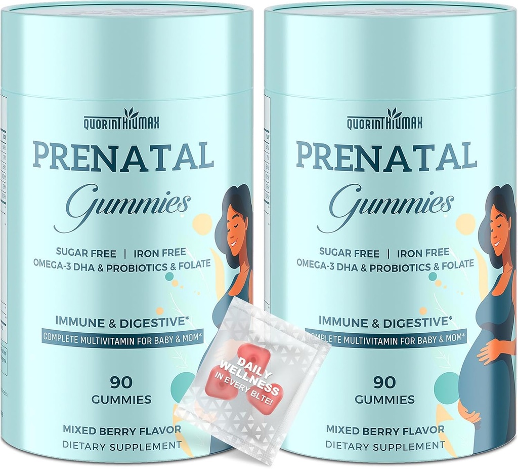 Gummies prénatales sans sucre 180 Compte - Produits biologiques Vitamines prénatales pour les femmes avec folate, DHA et probiotiques - Gummies prénatales sans fer pour immune et digestive - 2 bouteilles