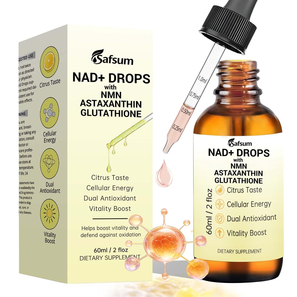 NAD+ Drops with NMN, Glutathione, Astaxanthin & CoQ10 - NAD+ Liquid Supplement for Cellular Energy & Vitality, Citrus Flavor, 60ml (2 fl oz), 30 Servings