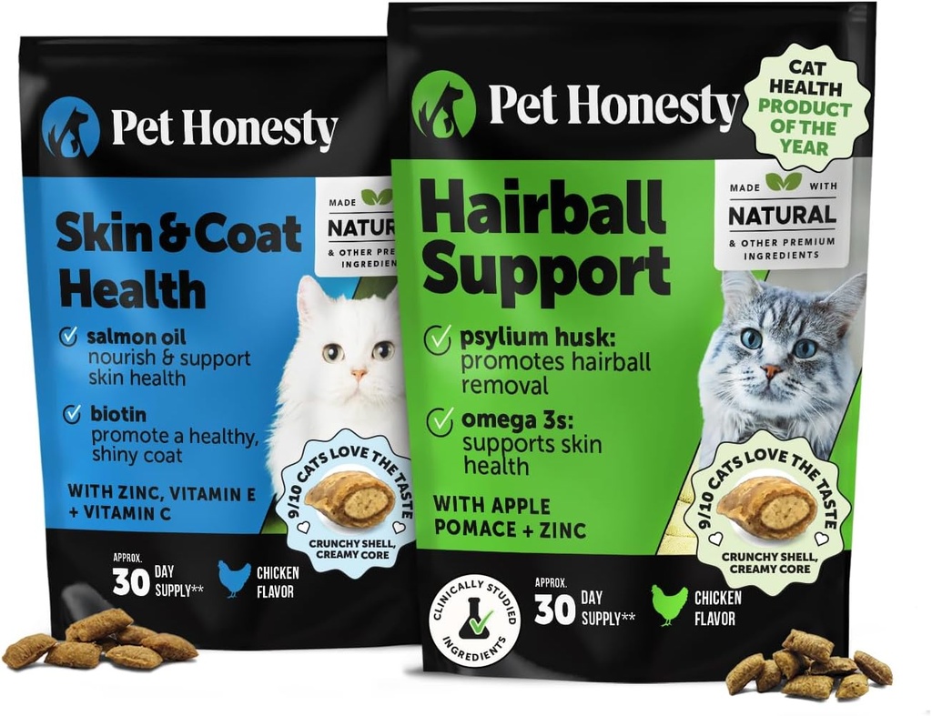 Cat Skin & Coat Health & Hairball Support Bundle: Omega & Biotin Chews pour Shiny Coat & Furball Remedy (Approvisionnement 30 jours de poulet)