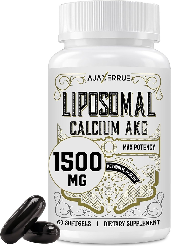 Calcium liposomique AKG Supplément 1500 MG (acide alpha-kétoglutarique), haute absorption, plus efficace que AAKG, Ca AKG pour la longévité, la défense de l'âge, l'énergie cellulaire, la fonction métabolique, 60 Softgels