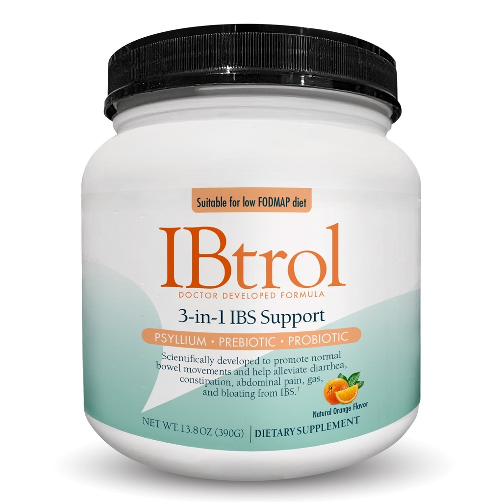 IBtrol® 3–in–1 IBS Gut Health Supplement with Psyllium, Prebiotics and Probiotics, Manage IBS Symptômes, Gaz, Bloating, Diarrhée, Constipation, Douleur abdominale 60 portions (arôme d'orange naturel)