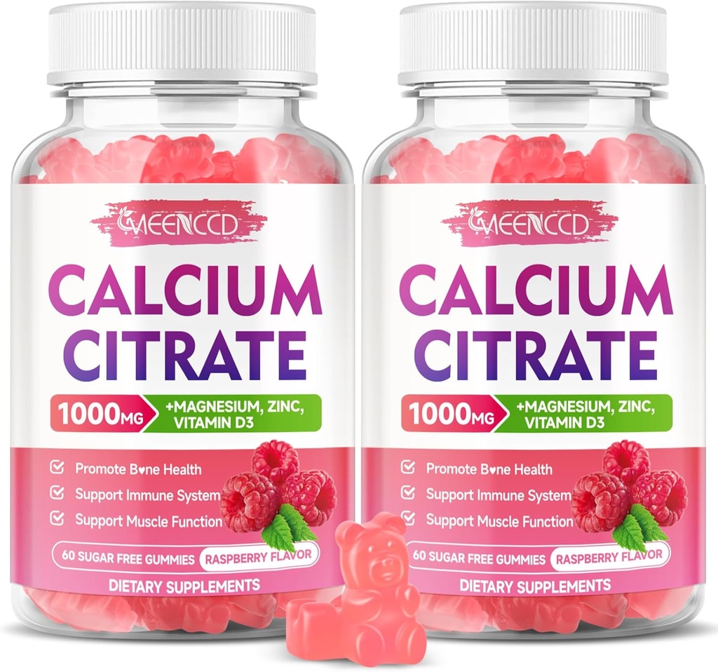 2 Pack Citrate de calcium Gommies 1000mg w/Vitamine D3, Gommies de calcium à absorption élevée pour les femmes et les hommes, Plus Magnésium, Potassium, Zinc pour les muscles et Immune, Raspberry Flavor, 120 Comte