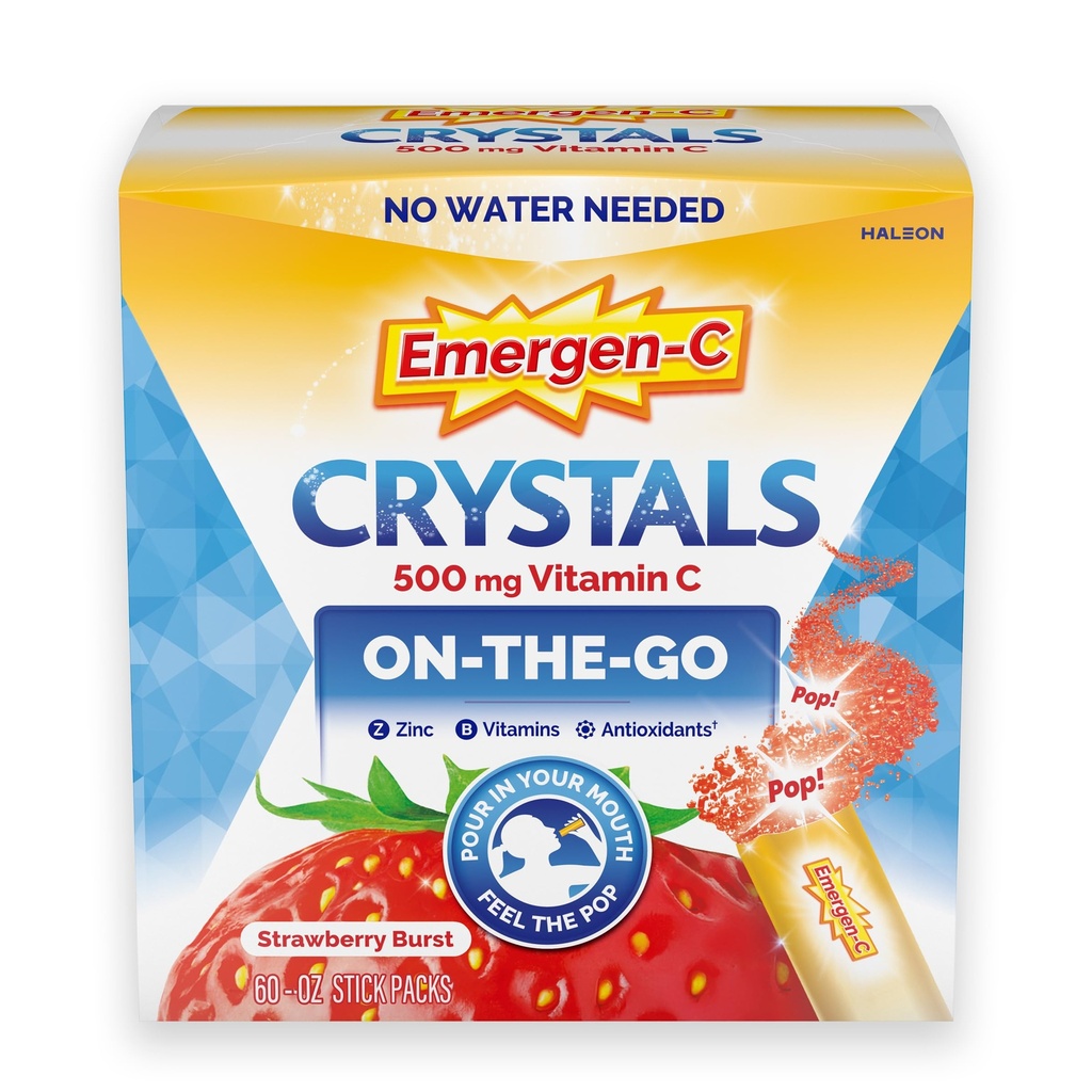 Emergen-C Crystals, On-the-Go Emergen-C Immune Support Supplement with Vitamin C, B Vitamins, Zinc and Manganese, Strawberry Burst - 60 Packs