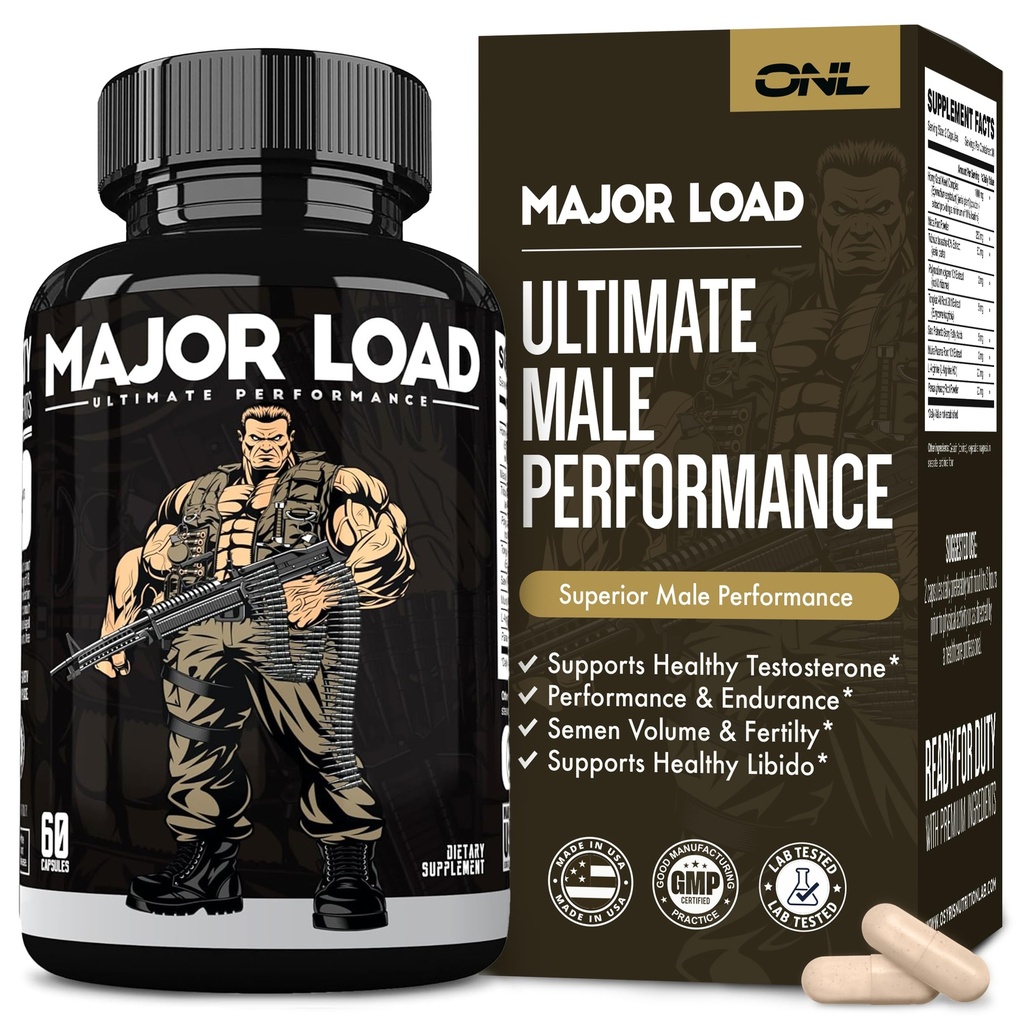 Major Load Testostérone Booster pour les hommes - Supplément testostérone avec herbe de chèvre en chaleur, racine de Maca et Tribulus Terrestris - Tongkat Ali Hommes énergie, endurance et force - Test Booster 60 capsules