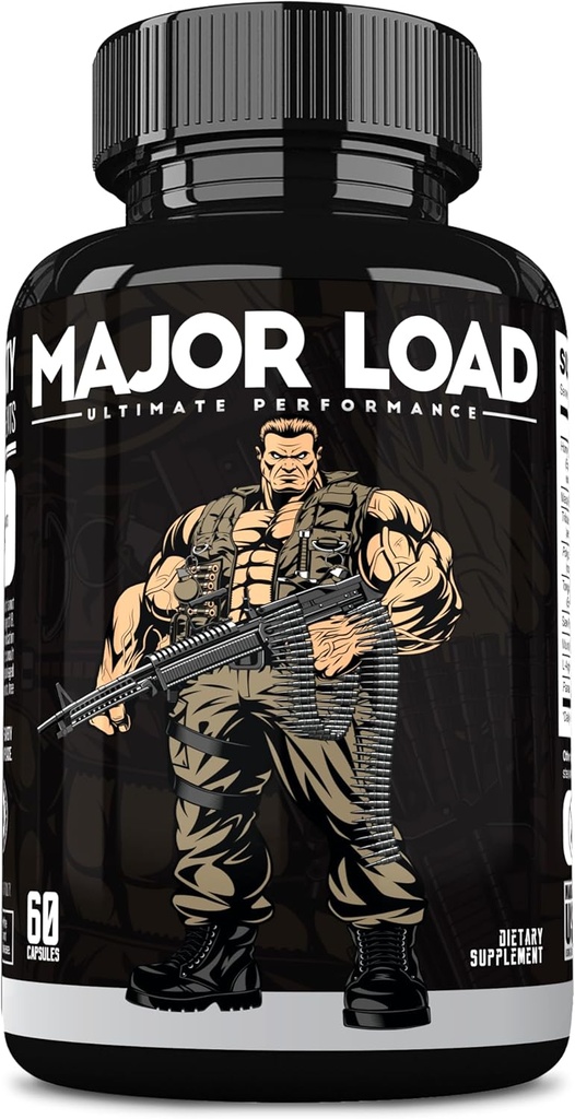 Major Load Testostérone Booster pour les hommes - Supplément testostérone avec herbe de chèvre en chaleur, racine de Maca et Tribulus Terrestris - Tongkat Ali Hommes énergie, endurance et force - Test Booster 60 capsules
