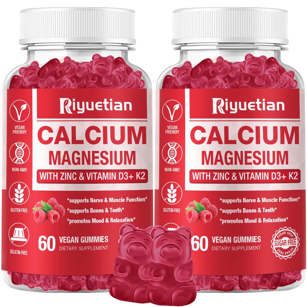 Gommies de calcium + Magnésium et zinc avec vitamine D3 et K2, supplément de calcium à haute absorption pour os, dents et immunosupport, non OGM, végétalien, 120 Compte