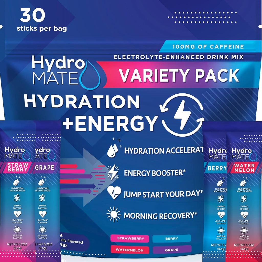 HydroMATE Electrolytes Poudre Boisson Mix Packets Accélérateur d'hydratation Favoreurs de parti à faible teneur en sucre pour la récupération rapide Vitamine C Plus Caféine
