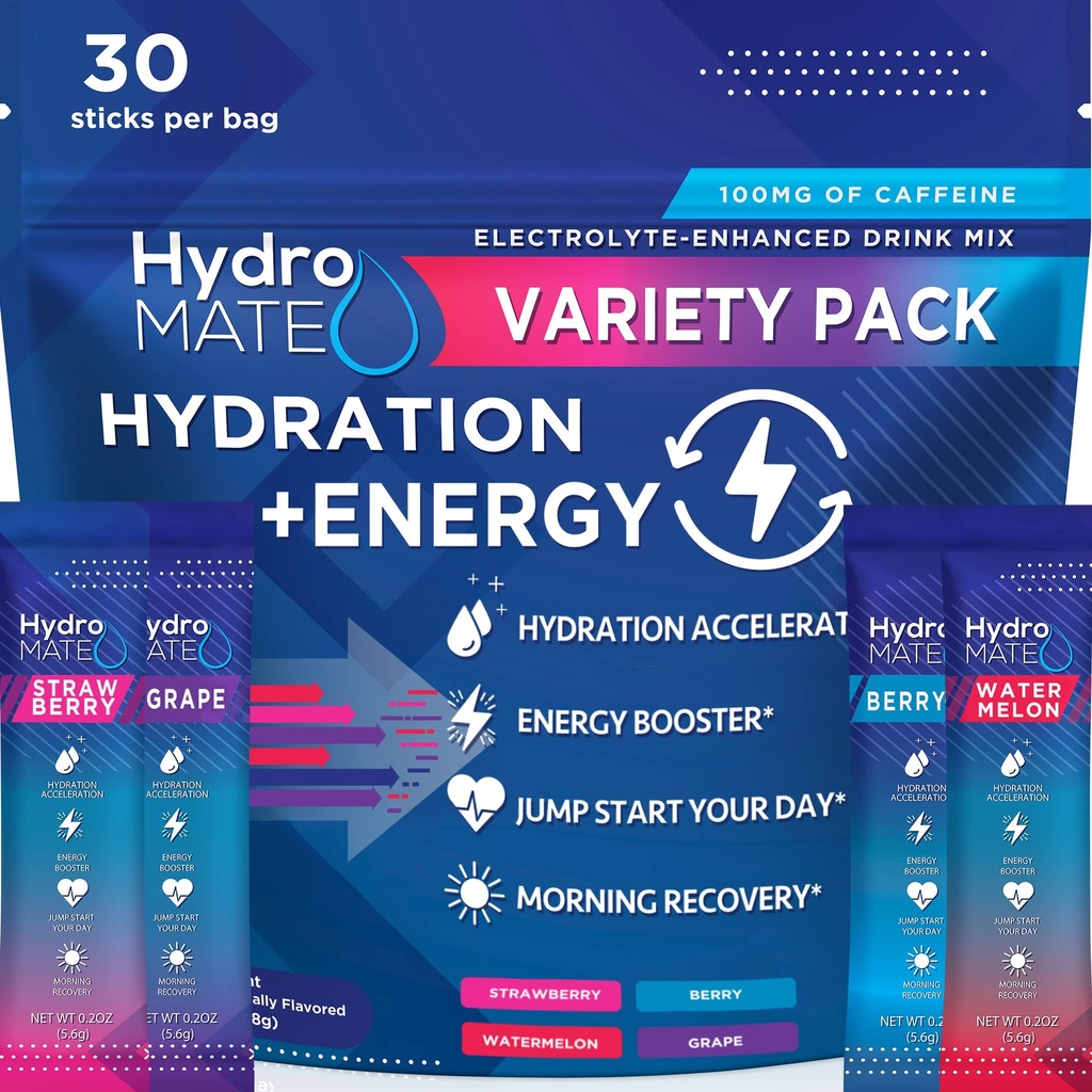 HydroMATE Electrolytes Poudre Boisson Mix Packets Accélérateur d'hydratation Favoreurs de parti à faible teneur en sucre pour la récupération rapide Vitamine C Plus Caféine
