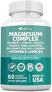 Supplément complexe de magnésium, Clycinate 141mg Oxyde 228mg Malate 58,5mg Citrate 62.4mg avec Orotate Glycina Taurate Chlorure Aspartate Gluconate Vitamine B, Absorption maximale, Sans gluten, Non-OGM
