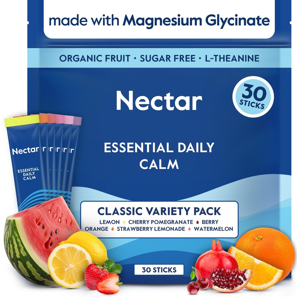 Nectar Calm Magnesium and Ashwagandha Drink Mix - Sugar Free & Zero Calorie - with Vitamin D, L-Theanine, Electrolytes - Deep Sleep, Relax, Focus & Calm - Non-GMO (Variety 30 Sticks)