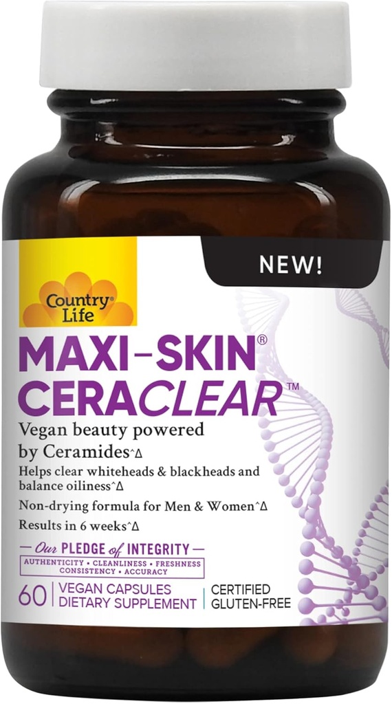 Country Life Maxi-Skin CeraClear, 60 Capsules Vegan – Ceramides de racine Konjac cliniquement étudiés pour soutenir la peau claire, hydratée et améliorer l'hyperpigmentation – Sans gluten, Vegan, Kosher