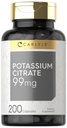 Supplément de Citrate de Potassium de Carlyle $ 99mg $ 200 Capsules $ Non-OGM et sans gluten