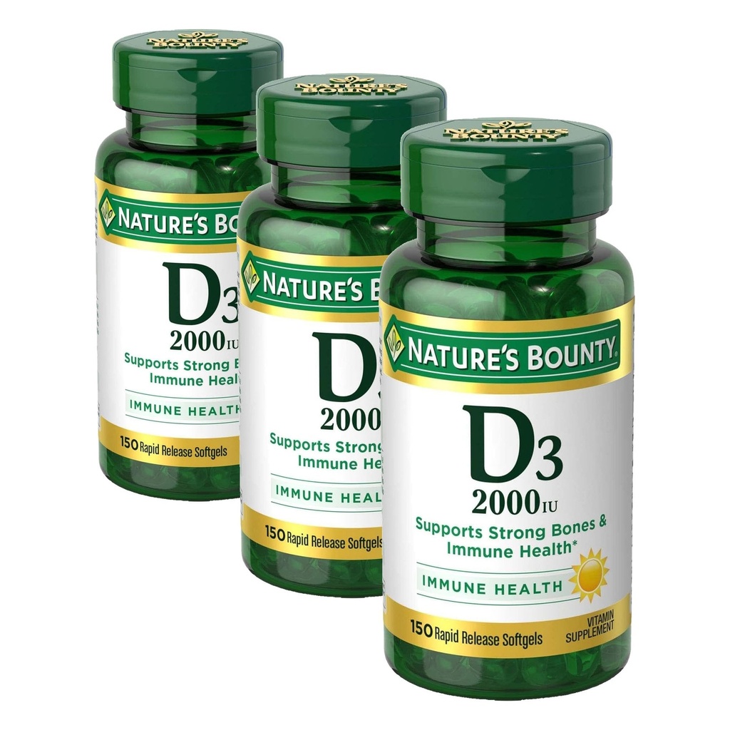 Nature's Bounty Vitamin D, Supports Immune Health & Bone Health, 2000IU Vitamin D3, 150 Softgels (Pack of 3)
