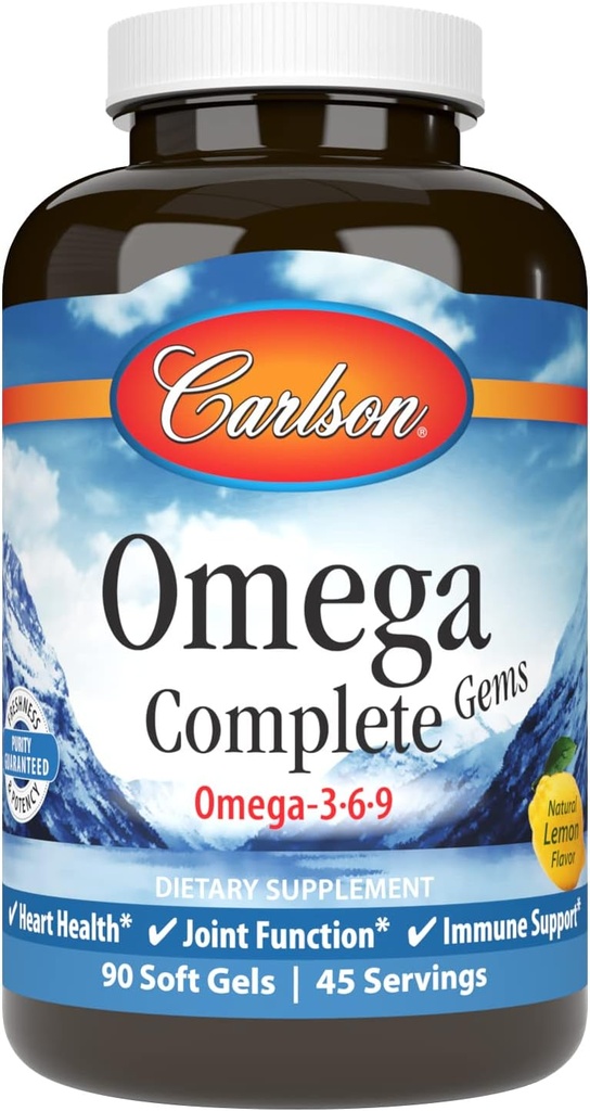 Carlson - Omega Complete Gems, Omega-3-6-9, prise sauvage, source durable, santé cardiaque, fonction articulaire et soutien immunitaire, 90 Softgels