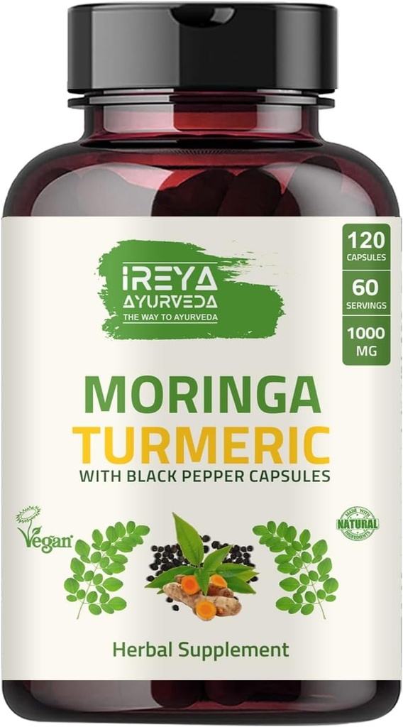 Bio Moringa Oleifera Poudre et poudre de racine curcuma avec Blackpepper 120 Capsules.Fabriqué avec Bio Moringa, Turmeric et Black Pepper.
