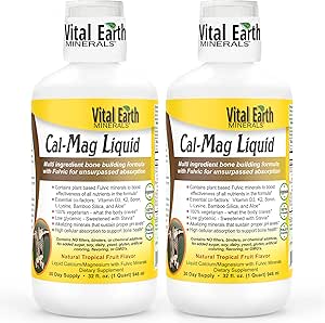 Minéraux vitaux de la Terre Cal-Mag Liquide – Supplément de magnésium de calcium avec vitamine D3, K2, Boron et acide fulvic pour une absorption plus rapide, 32 Oz Ea + 1 Oz Cup