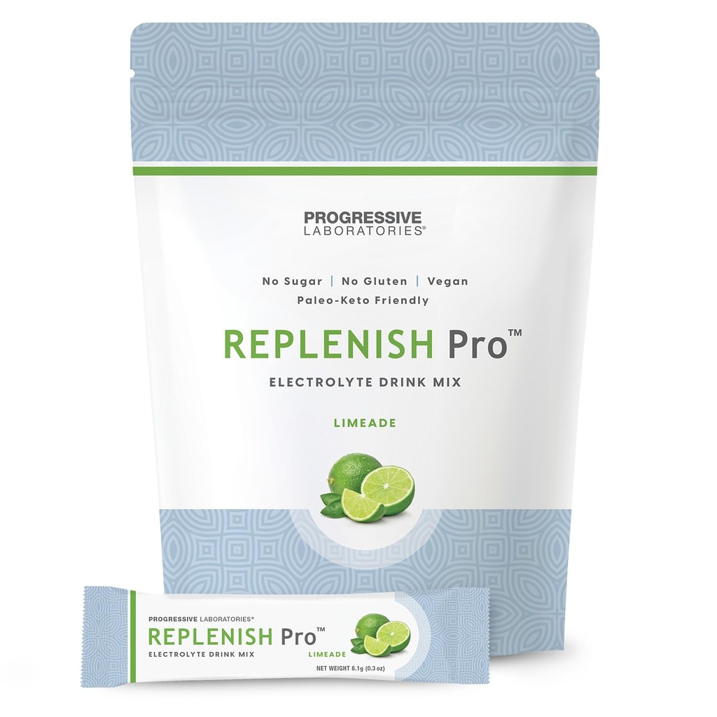 Replenish Pro Electrolytes Powder – 1:1 Sodium to Potassium Electrolyte Formula for Hydration – w/Magnesium, Calcium, Zinc, B Vitamins & Celtic Sea Salt Trace Minerals – 16 Stick Packs - Limeade