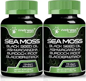 Irish Sea Moss Capsules, 17-en-1, Seamoss Black Seed Oil, 120 Count, Ashwagandha Burdock Root Capsules biologiques Bladderwrack