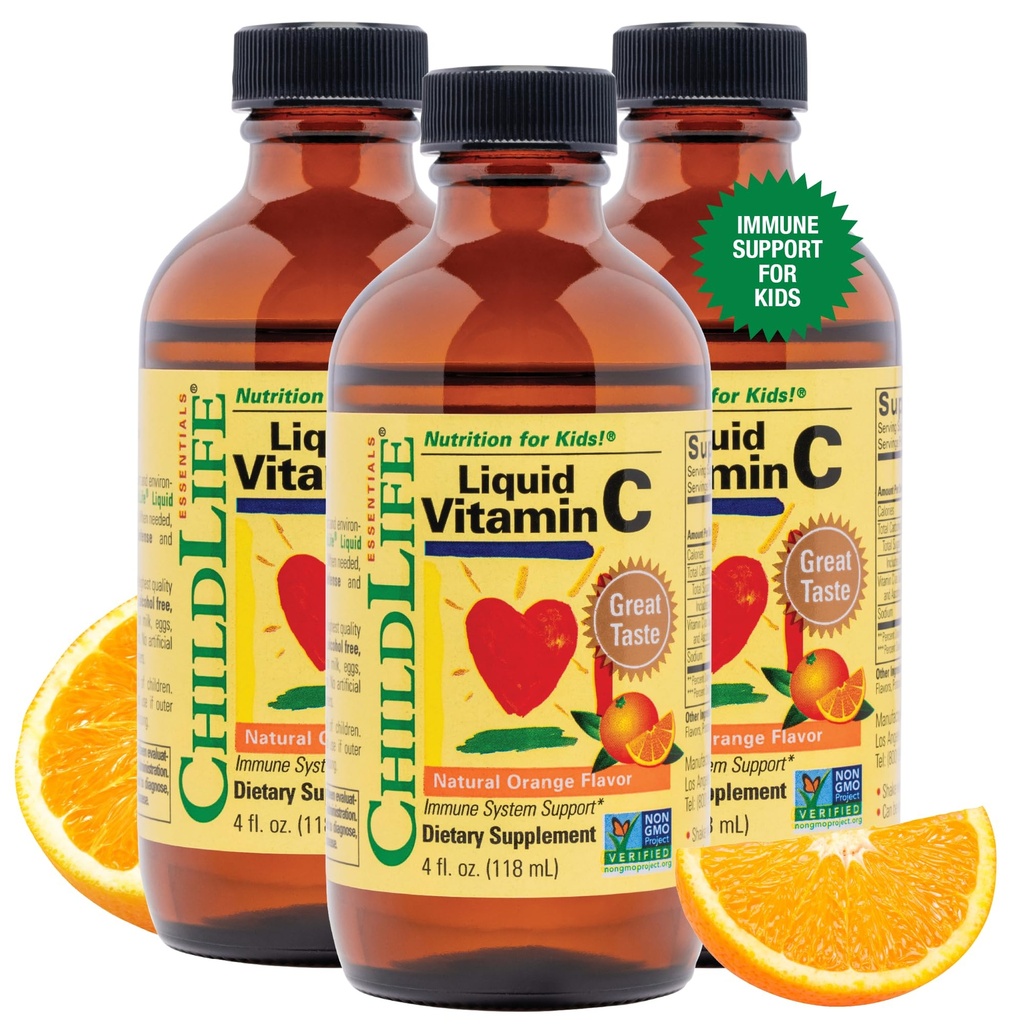 ENFANT ESSENTIELS Vitamine liquide C - Supplément liquide Vitamine pure C pour les enfants, système immunitaire support, grand goût - saveur d'orange naturelle, 4 Fl Oz (paquet de 3)
