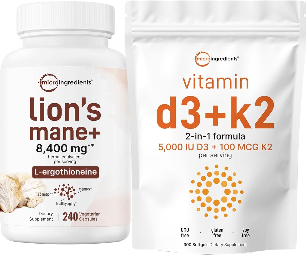 Micro-ingrédients Vitamine D3 5 000iu + K2 100mcg Softgels & Lions Mane Supplément 240 Gélules Gélules Pack 2 Vitamines essentielles en cire de soleil