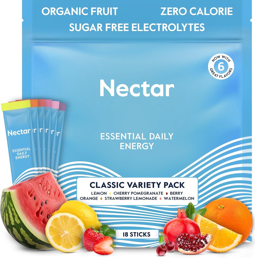 Booster d'énergie Nectar - Caféine biologique, B12 & Electrolytes - Sans sucre et sans calories – Café sain, boisson énergétique et substitut de soda – hydratation et supplément énergétique (Variety 18 Powder Packets)