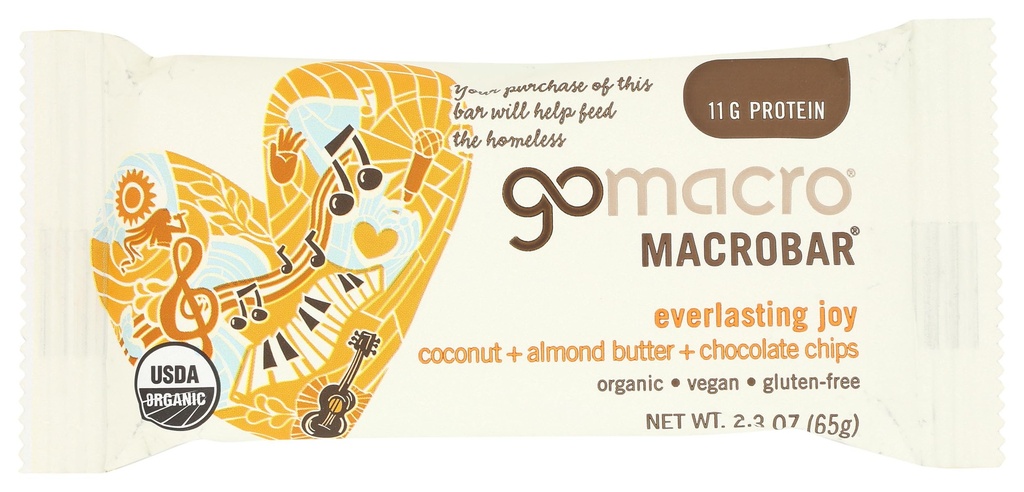 GoMacro Macro, barre de protéines végétales biologiques, noix de coco, beurre d'amande + croustilles de chocolat, 2.3 Once