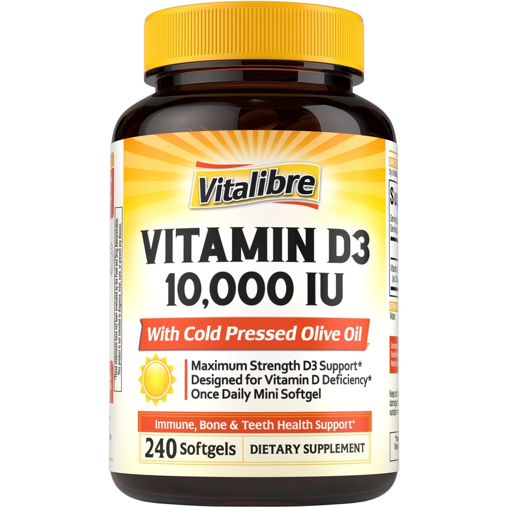 Vitalibre Maximum Strength Vitamin D3 10,000 IU (250mcg), Highly Bioavailable, with Cold Pressed Olive Oil, Immune, Bone & Teeth Health Support, No Soy, Sunshine Vitamin, 240 Mini Softgels