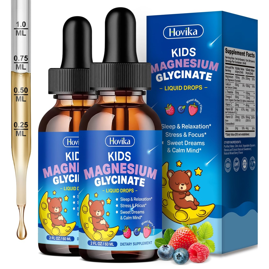 2 Pack Magnesium Glycinate Liquid for Kids - Magnesium Glycinate Drops with L-Theanine Omega-3, Vitamin B6, D3, Zinc - Support Sleep, Relaxation, Calm & Focus - Mixed Berry Flavor