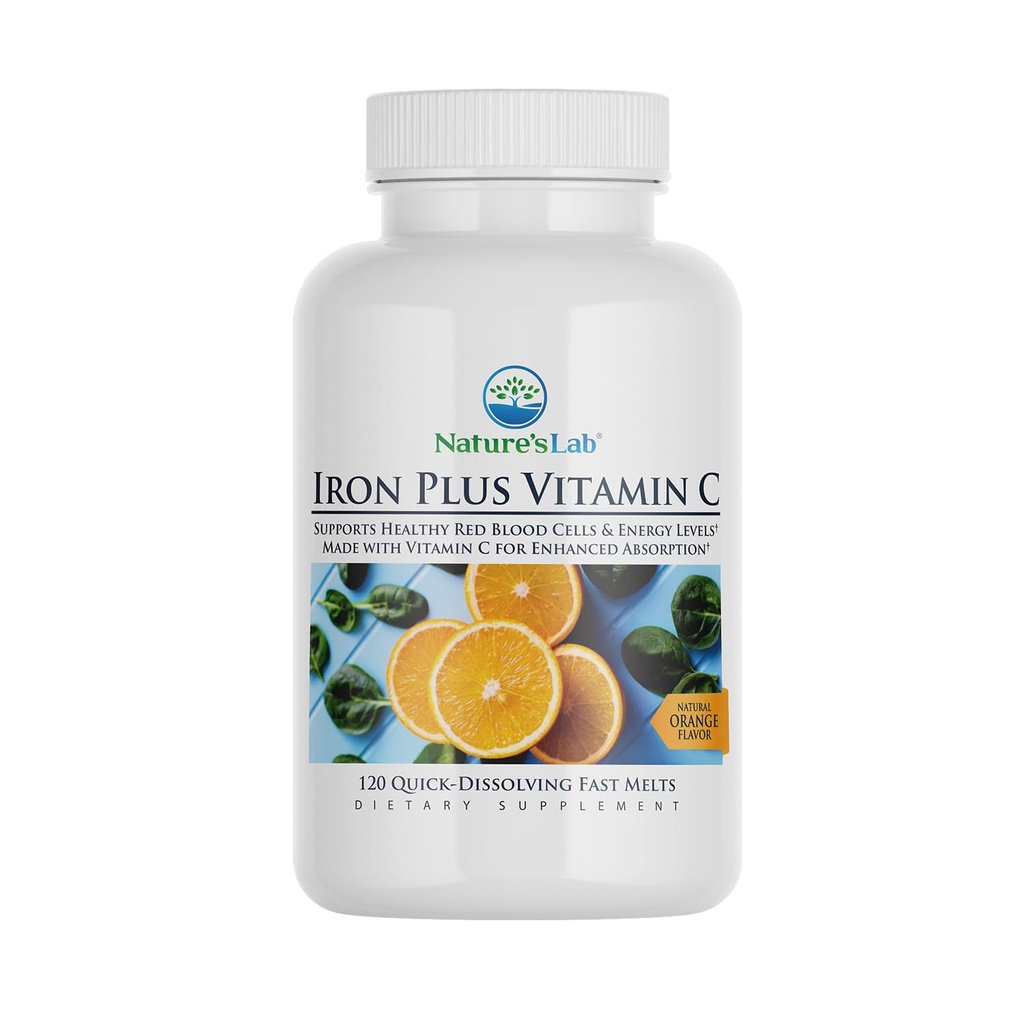 Nature's Lab Iron Plus Vitamine C Comprimés à fonte rapide - Doucement sur le fer carbonyle de l'estomac, haute absorption pour les globules rouges sains* - 120 comprimés