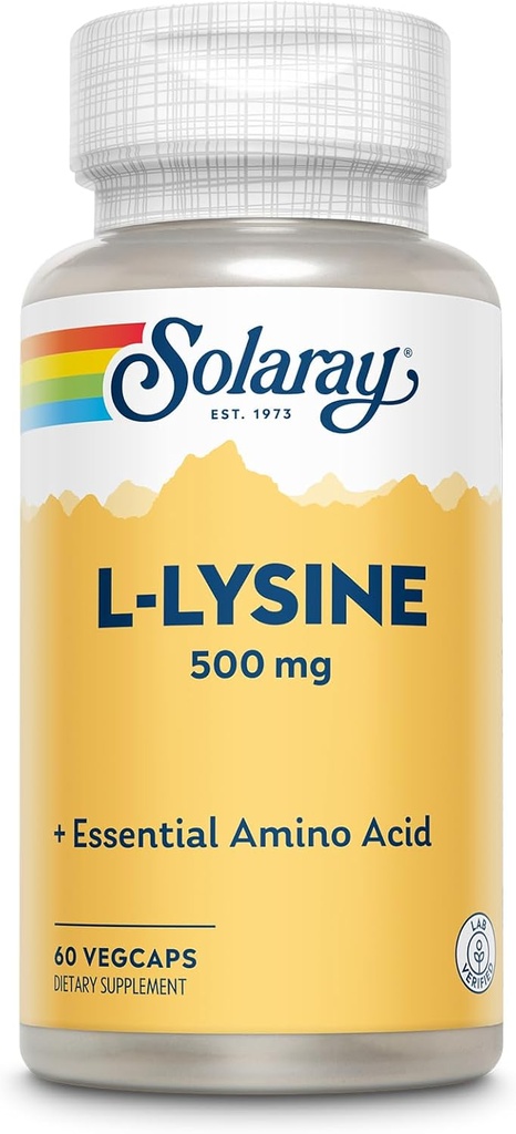 SOLARAY L Lysine 500 mg Capsules - Supplément d'acides aminés essentiels de forme libre - Powerful Wellness Support with L-Lysine Amino Acid - Lab Verified, Garantie de 60 jours, 60 portions, 60 VegCaps
